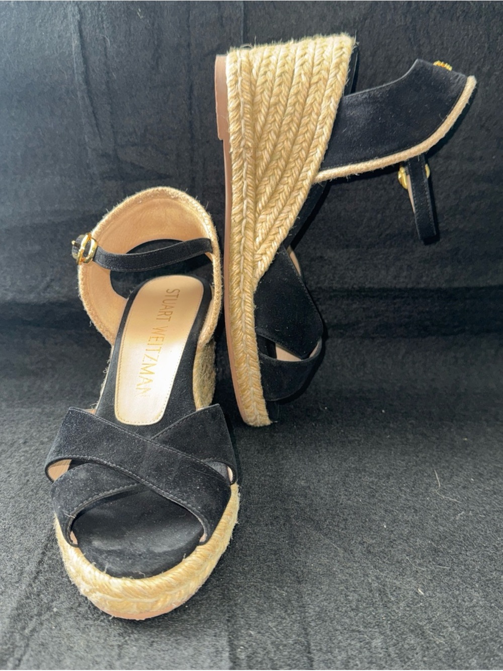 Stuart Weitzman Black Suede Wrap Ankle Buckle Strap Espadrille Wedge Sandals 7